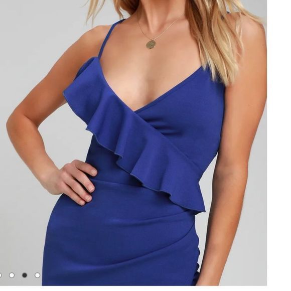 Lulus Keep on Flourishing Blue Ruffled Asymmetrical Bodycon Dress XL‎ - Picture 3 of 10